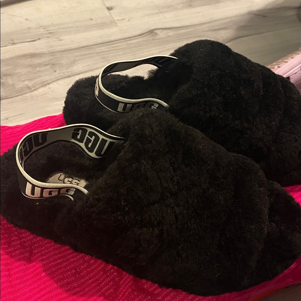 UGG Black Fluffy Slippers